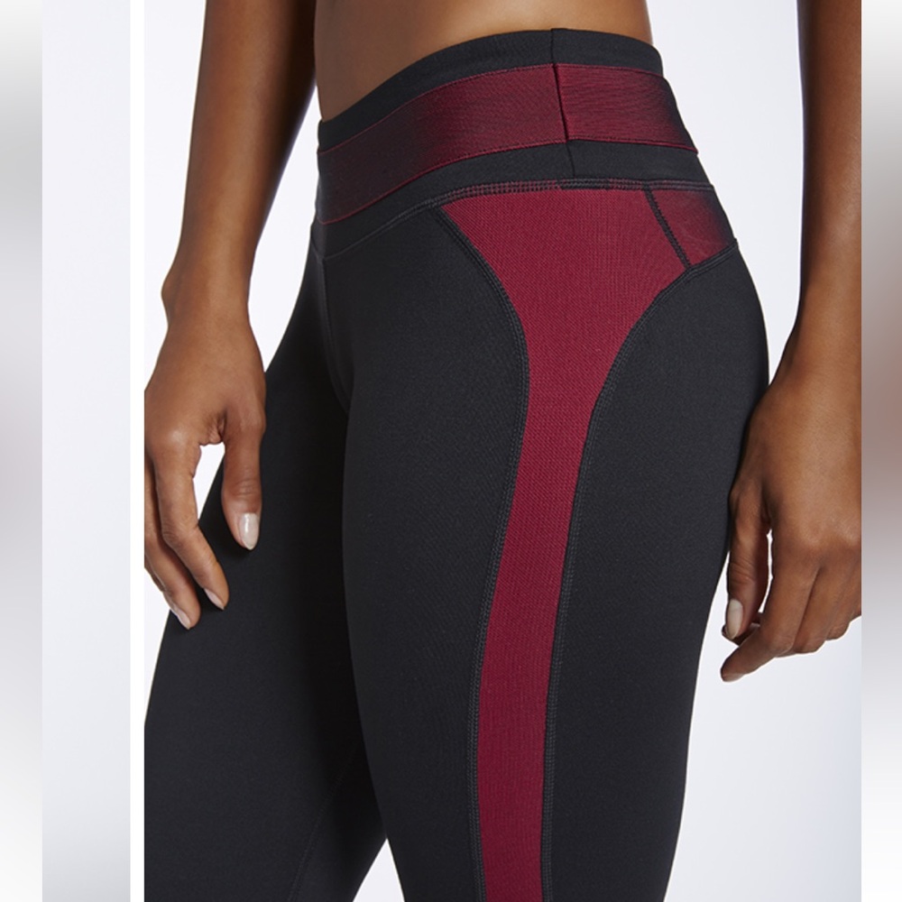 Fabletics Black and Cranberry Mesh Tuxedo Stripe Capri Leggings Size 8